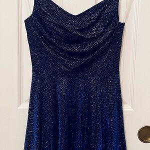 Sparkle-Textured Navy Mini Dress with Draped Neckline